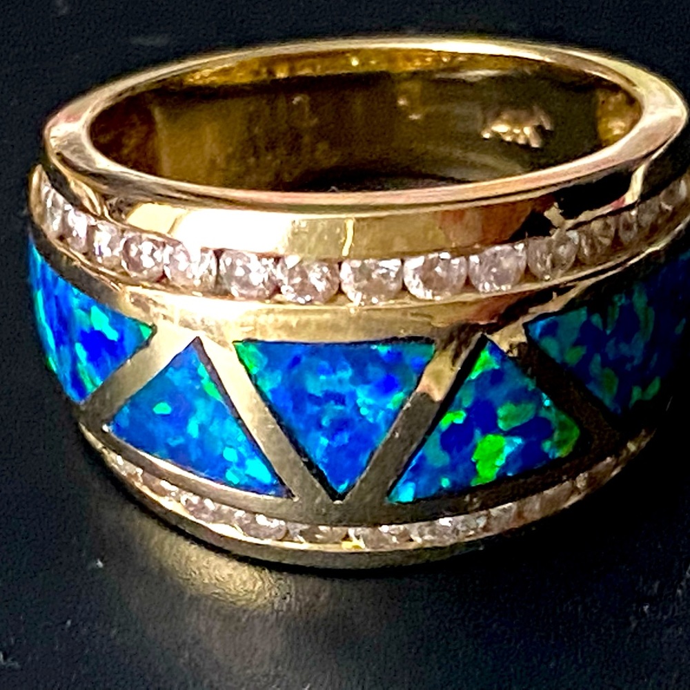 Designer 14k Yellow Gold Australian Boulder Black Opal & Diamond Statement Ring
